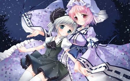 Yuyuko and Youmu - hat, saigyouji yuyuko, dress, night, green eyes, white hair, pink eyes, girls, short hair, touhou, konpaku youmu, pink hair