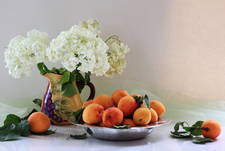 Still Life for My Dear Friend CroZg - peaches, white hydrangeas, plate, still life, country jag