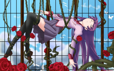 trapped - trapped, cute, red roses, purple hair