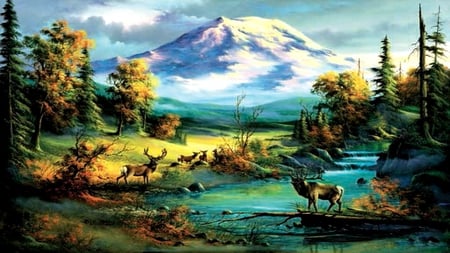 MOUNTAIN MAJESTY - stream, trees, animals, mountain