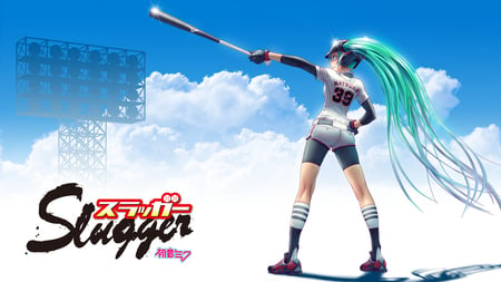 Slugger Miku - aqua, hot, thighhighs, music, anime girl, white, art, cool, shorts, aqua eyes, artistic, hatsune miku, sexy, song, vocaloids, sport, program, vocaloid, beautiful, uniform, diva, beauty, nice, sky, twintail, singer, aqua hair, black, virtual, pretty, idol, clouds, anime, bat, stadium, miku, cute, helmet, girl, baseball, ball, cg, hatsune, home run, slugger, awesome, digital, outfit, lights