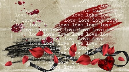 Dying Love - paint, love, splatter, black ribbon, smears, rose petals