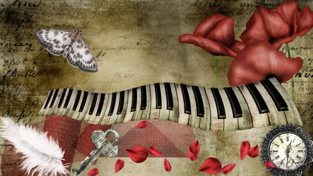 Piano Concerto - key, grunge background, butterfly, petals, feather, clock, netting, flowers, poppies, keyboard, firefox persona