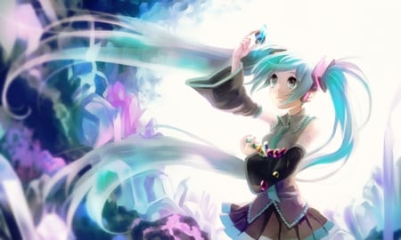 Hatsune Miku - tie, pretty, cave, artistic, pink, light, uniform, headphones, nice, program, leggings, thighhighs, beauty, virtual, cg, white, gray, green, cute, song, outfit, vocaloid, anime, blue, twintail, hatsune miku, shiny, music, aqua, stockings, long socks, art, idol, micrphone, anime girl, skirt, beautiful, crystals, singer, girl, cool, black, glow, miku, awesome, diva, digital, hatsune, vocaloids, headset, shine