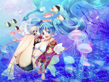 Hatsune Miku - pretty, artistic, pink, headphones, tropical fish, short, nice, program, hot, two piece, thighhighs, beauty, diving, virtual, cg, coral, white, jellyfish, tropical, green, cute, aqua eyes, song, sexy, coral fish, vocaloid, anime, blue, twintail, hatsune miku, megaphone, microphone, music, aqua, flippers, bikini, art, idol, swimsuit, anime girl, water, beautiful, singer, girl, cool, ocean, black, coral reef, miku, awesome, diva, digital, aqua hair, hatsune, vocaloids, headset, fish