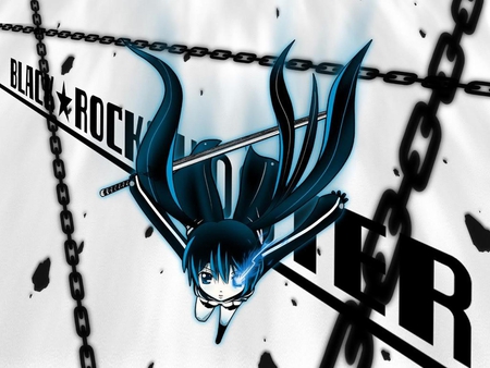 Black Rock Shooter - pretty, artistic, swift, name, blue hair, movie, nice, blue eyes, hot, sword, beauty, petals, rubble, blade, cg, white, chains, cute, aqua eyes, sexy, bra, anime, blue, twintail, black rock shooter, ova, katana, art, agility, anime girl, beautiful, girl, cool, black, awesome, digital, jacket, aqua hair, brs