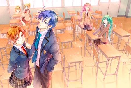 Chilling at School - tie, pretty, artistic, brown, kagamine len, pink, uniform, red hair, kaito, yellow hair, nice, anime boy, blue eyes, sunlight, program, leggings, hot, sunshine, beauty, virtual, red eyes, cg, school uniform, white, desk, megurine luka, cute, aqua eyes, song, outfit, sexy, vocaloid, anime, blue, meiko, twintail, school, blonde, hatsune miku, boy, music, aqua, kagamine rin, stockings, red, pantyhose, pink hair, art, sun, idol, anime girl, skirt, beautiful, singer, girl, blonde hair, cool, black, awesome, diva, digital, aqua hair, vocaloids