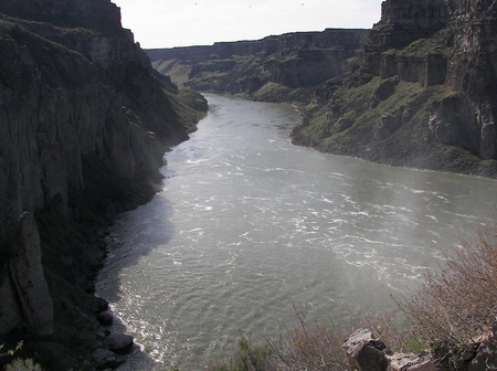 Snake River downstream from Shoshone Falls - river, snake, canyon, falls