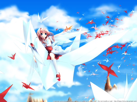 Paper Cranes - clouds, white, blue, fly, red, girl, paper cranes, sky