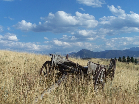 Left Behind - big sky, grass mountains, wagon, clouds, blue sky