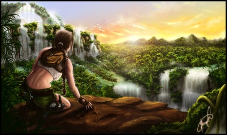 Tomb Raider - anime, waterfalls, female, boots, long hair, lara croft, cliffs, tomb raider, plants, weapon, sky, video game, game, trees, gun, girl, brown hair, waterfall, jungle, shorts, video games, mountains, lone, gloves