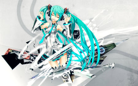 Hatsune Miku - tie, pretty, artistic, uniform, headphones, nice, program, leggings, hot, thighhighs, beauty, virtual, cg, white, gray, cute, aqua eyes, song, outfit, sexy, vocaloid, anime, blue, twintail, hatsune miku, microphone, music, aqua, stockings, long socks, art, idol, anime girl, skirt, beautiful, singer, girl, cool, black, miku, awesome, diva, digital, aqua hair, hatsune, vocaloids, headset