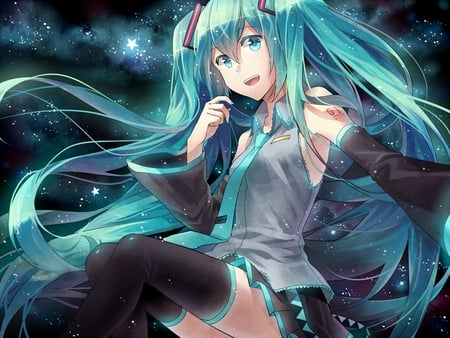 Hatsune Miku - tie, pretty, artistic, twintaial, uniform, headphones, rain, nice, program, leggings, hot, thighhighs, beauty, virtual, cg, white, gray, cute, aqua eyes, song, outfit, sexy, wave, vocaloid, anime, blue, hatsune miku, microphone, music, aqua, stockings, long socks, art, sky, idol, clouds, anime girl, skirt, beautiful, singer, girl, cool, black, miku, awesome, diva, digital, aqua hair, hatsune, vocaloids, headset