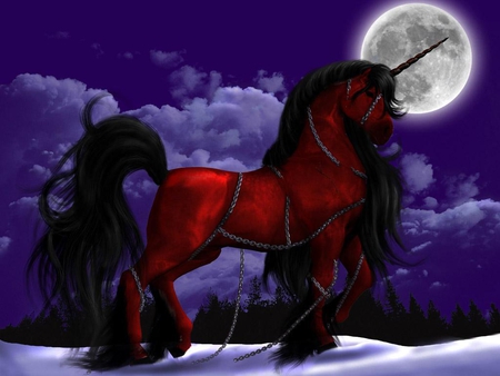 Red Unicorn under the moon - moon, abstract, fantasy, unicorn, sky, others