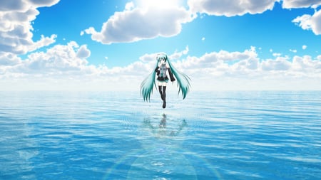 Hatsune Miku - aqua, music, anime girl, stockings, white, art, cool, aqua eyes, artistic, hatsune miku, skirt, leggings, light, song, vocaloids, program, glow, vocaloid, beautiful, uniform, sea, diva, beauty, nice, sky, water, twintail, singer, aqua hair, long socks, black, virtual, pretty, idol, clouds, anime, miku, cute, ocean, sunlight, girl, cg, hatsune, blue, tie, awesome, digital, outfit