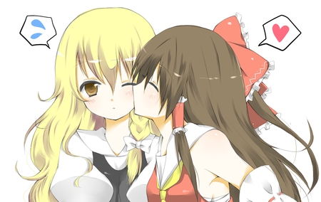 Morning kiss - anime, female, two girls, long hair, touhou, kiss on the cheek, shoujo ai, ribbon, kiss, kirisame marisa, hakurei reimu, brown eyes, bows, blush, blonde hair, eyes closed, brown hair, cool, kawai, duo, braids, cute, yuri