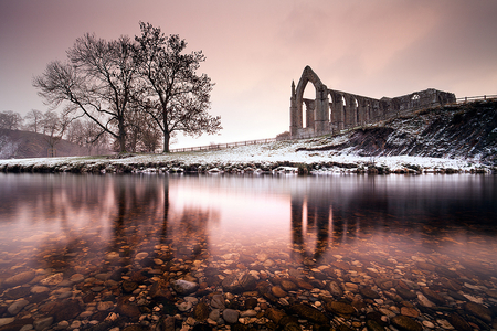 Old abbey - old abbey, sky, places, background, trees, water, winter, rocks, reflection, snow, beautiful, architecture, relidious, silence, hdr