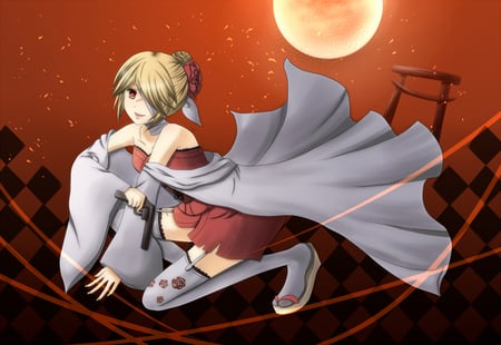 Rin - blood, moon, anime, female, bandage, gun, dress, girl, blonde hair, cool, kagamine rin, weapon, sexy