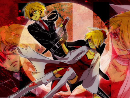 Fragile - sword, flower, rose, blood, katana, kagamine len, gun, twins, eye patch, hat, weapon, cool, bandage, kagamine rin, vocaloid, anime, sexy