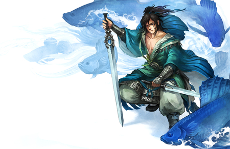 Blue Warrior - male, lone, swords, warrior, long hair, black hair, white background, dynasty warriors, anime, fish, weapons