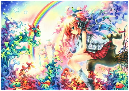 Colorful World - anime, water, girl, petals, long hair, flowers, colorful, rainbow, fish