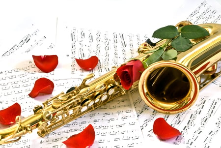 Romance - nice, beauty, photography, music, rose, still life, white, cool, pretty, petals, romance, harmony, love, notes, lovely, sax, red, beautiful, photo, elegantly, flower