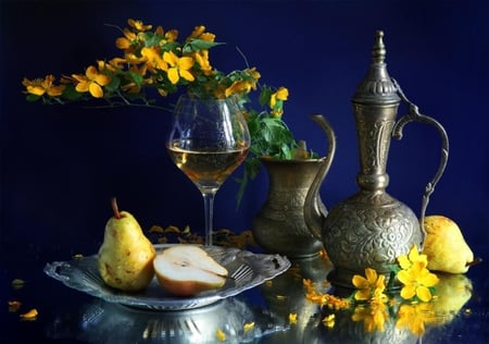 Still Life - yellow flowers, glass, photography, pears, wine, still life, nature, pretty, yellow, reflection, petals, beautiful, flowers