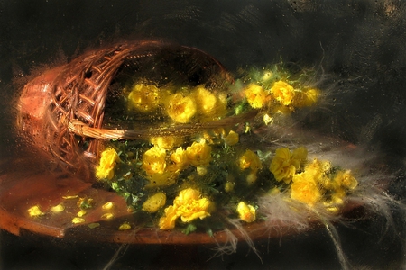 Still Life - pretty, yellow, photography, drops, wet, yellow flowers, petals, still life, flowers, basket, nature, rain