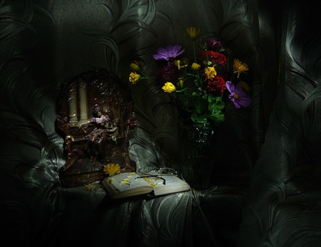 Still Life - photography, daisy, still life, book, nature, pretty, dark, beautiful, flowers, daisies