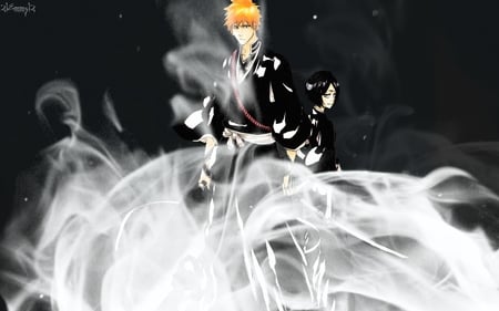 Ichigo & Rukia - male, female, bleach, kurosaki ichigo, cool, weapon, anime, kuchiki rukia, shinigame, sword