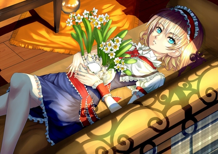 Alice Margatroid - girl, blue eyes, alice margatroid, touhou, blonde hair, anime, flowers, short hair, dress