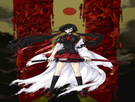 Kisaragi Saya - blood, female, warrior, torn clothes, kisaragi saya, katana, ribbon, twin tails, anime girl, hot, sword, cool, school uniform, glasses, blood-c, black hair, sexy