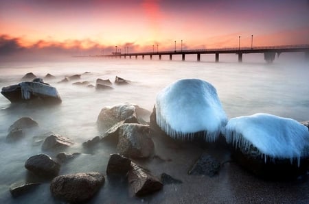 Ice Caps - ice, ocean, sun, fog, winter, bridge, mist, rocks