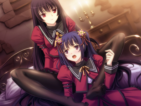 Come here - dress, black hair, headband, blush, long hair, purple hair, red eyes