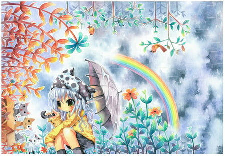 Anime - neko, flowers, anime, girl, umbrella, sky, kitty, rainbow, bow, clouds, birds