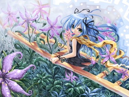 Anime - ladder, girl, blue, anime, flowers