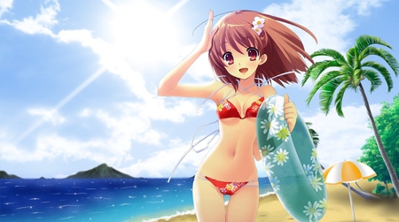 Anime in beach - woman, beach, girl, anime, palm, sea, fantasy