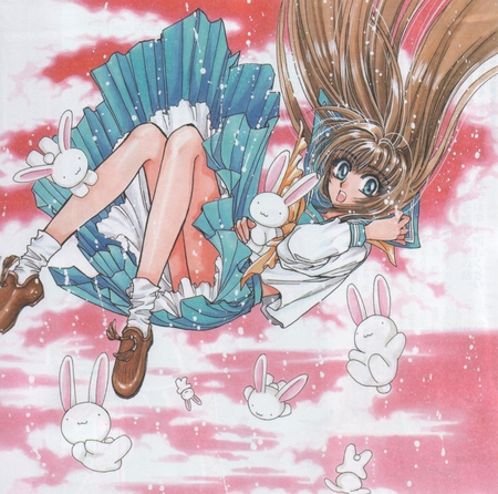 Miyumi falling With Rabbits - clouds, anime, rabbits, miyumi, pink, sky