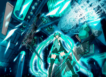 Hatsune Miku - aqua, stage, headset, music, thighhighs, anime girl, stockings, white, art, cool, aqua eyes, artistic, hatsune miku, skirt, leggings, light, song, space, vocaloids, program, glow, vocaloid, beautiful, uniform, diva, beauty, nice, twintail, singer, aqua hair, long socks, black, virtual, pretty, idol, anime, miku, cute, electric, stars, girl, cg, hatsune, microphone, blue, headphones, city, tie, awesome, digital, gray, outfit