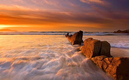 BEACH SUNRISE - sky, beach, ocean, rock, sunrise