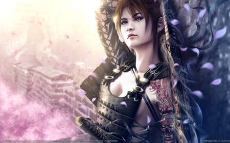 Royal Guard - pretty, warrior, stunning, short hair, katana, weapon, sakura petals, fighter, tattoo, beautiful, hot, girl, sword, beauty, brown hair, samurai, cute, sexy