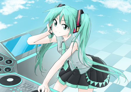 Hatsune Miku - tie, pretty, artistic, dj, uniform, headphones, nice, program, hot, thighhighs, bass, beauty, virtual, cg, white, gray, cute, aqua eyes, song, outfit, sexy, vocaloid, anime, blue, air, twintail, hatsune miku, microphone, checkered, music, aqua, art, sky, idol, clouds, anime girl, skirt, beautiful, singer, girl, cool, dial, black, miku, awesome, diva, digital, aqua hair, hatsune, vocaloids, headset