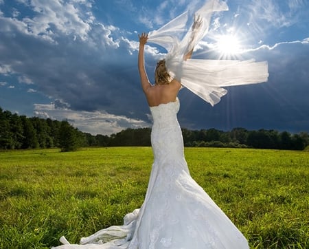 Joyful bride squinting from the Sun - white, bride, joyful, sun, dress