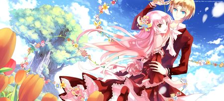 Aeoron & Freya - freya, girl, boy, anime, flowers, aeoron