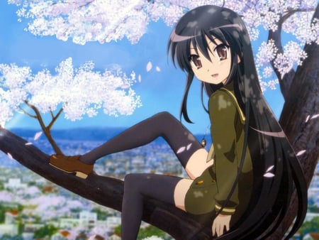 Anime - brown eyes, anime, dress, girl, long hair, tree, black hair, cute, sky