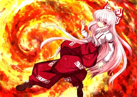 Fujiwara no Mokou - girl, ribbons, long hair, fire, fujiwara no mokou, red eyes, touhou, anime, white hair, dress