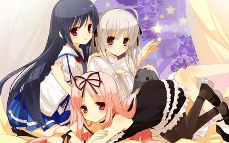 Anime Girls - beauty, girls, stars, ribbons, long hair, pink hair, red eyes, blue hair, anime, dress, white hair, black eyes