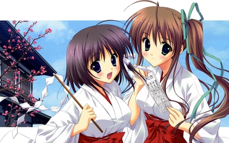 Anime - girls, short hair, anime, dress, cute, long hair, brown hair, ribbons