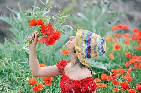 beautiful girl on a field with poppies - red, poppies, flowers, field, girl