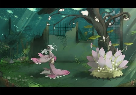 Floral Offering - beauty, sexy, hot, lon hair, anime girl, original, bubbles, ruins, beautiful, kimono, tree, japanese clothes, cute, gray hair